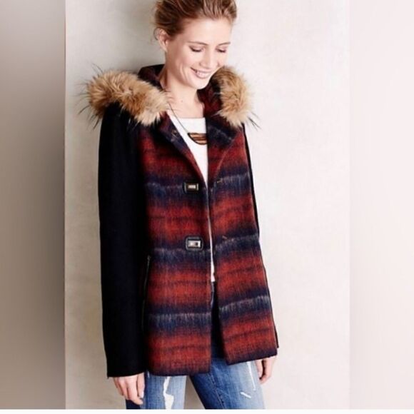 Elevenses Wool blend Hooded Coat with Detachable Faux Fur Tartan Sz XSMALL - Picture 3 of 16